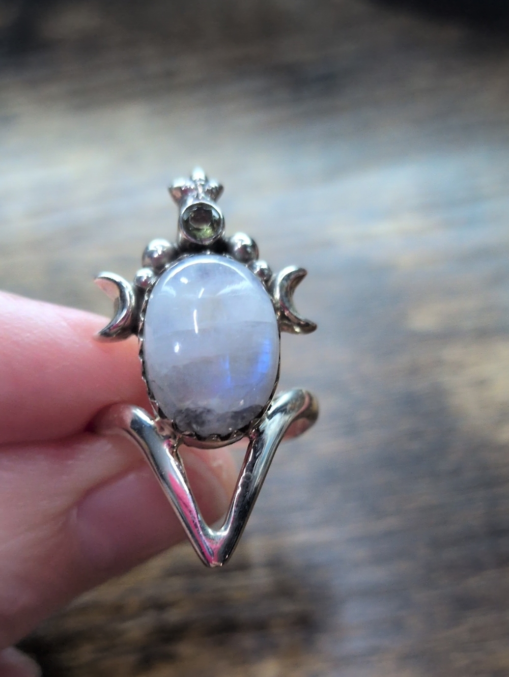 Silver Moonstone and Peridot Statement Ring - Moonlight Glow